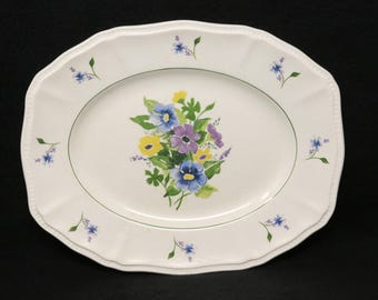 12" Kensington Wayside platter with hand painted pansies, oval serving platter with flowers, large vintage floral dish, Ironstone, England