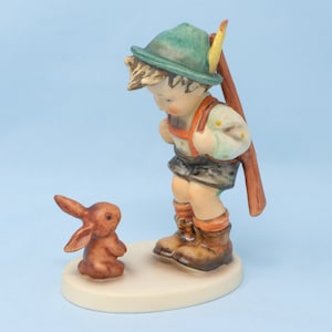 VERY NICE 5.5&quot; Hummel Sensitive Hunter figurine #6/1, TMK6, Hummel boy hunter meeting a red hare/ rabbit, vintage Goebel Hummel figurine