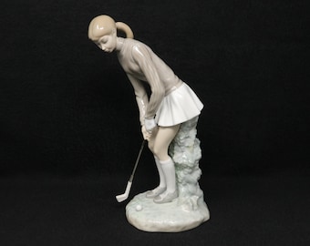 Vintage Lladro Retired Figurine, Young Woman Golfer Making A Putt