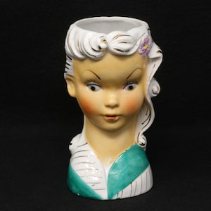 NICE 6" Lefton teenage girl head vase, with hairline cracks, 1960s Lefton headvase with closed eyes, vintage planter, mid century decor