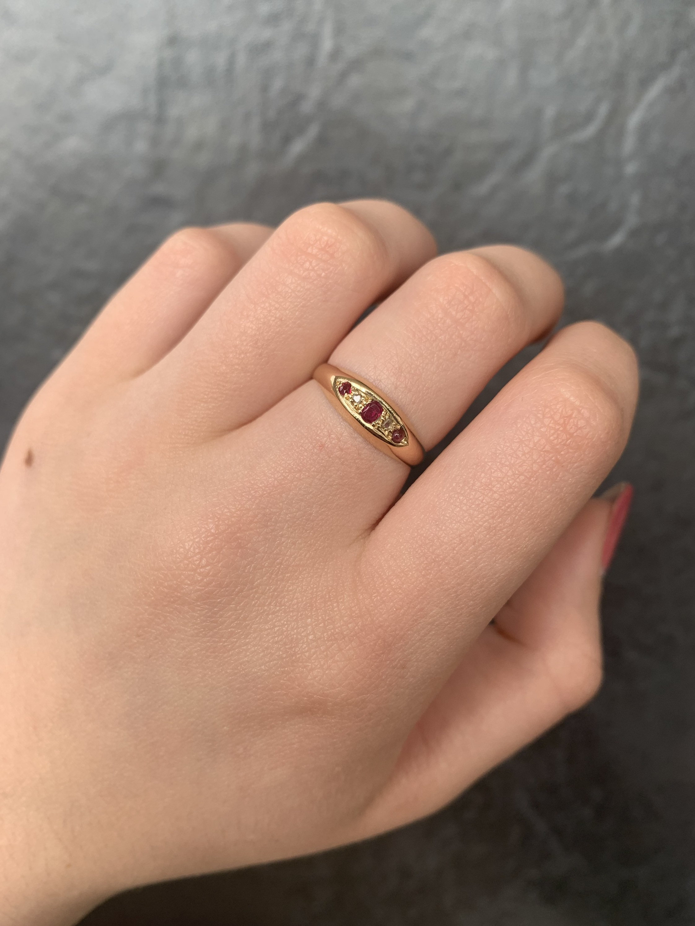 Antique 18ct Yellow Gold Ruby and Diamond 5 Stone Boat Shape