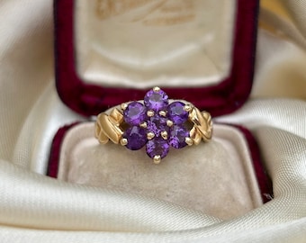 Vintage 9ct Yellow Gold Amethyst Flower Cluster Ring Band