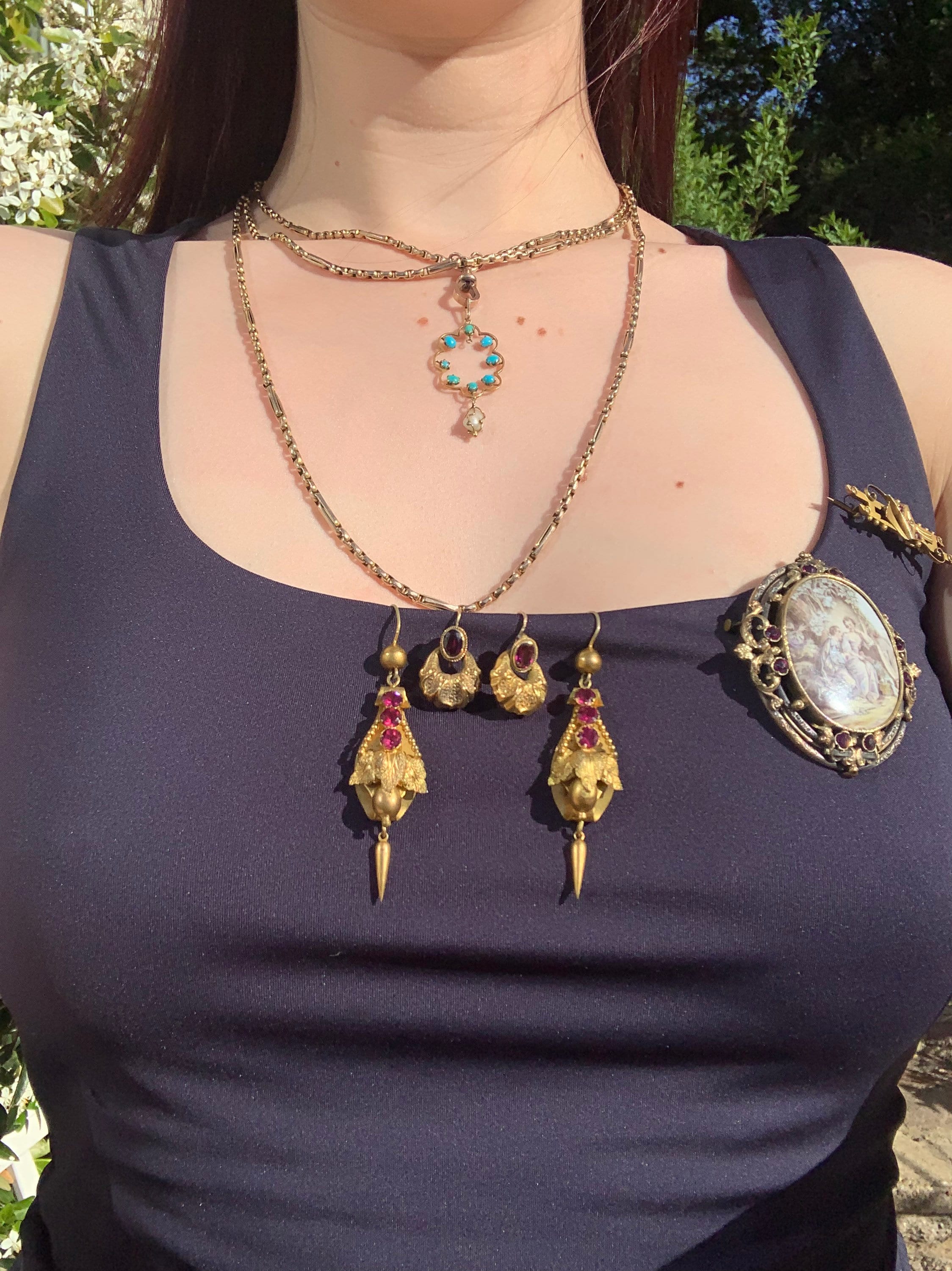 Pendentif Vintage Or Et Turquoise - Collier Perles Pierre 3479 - Bijou Ancien En état Impeccable