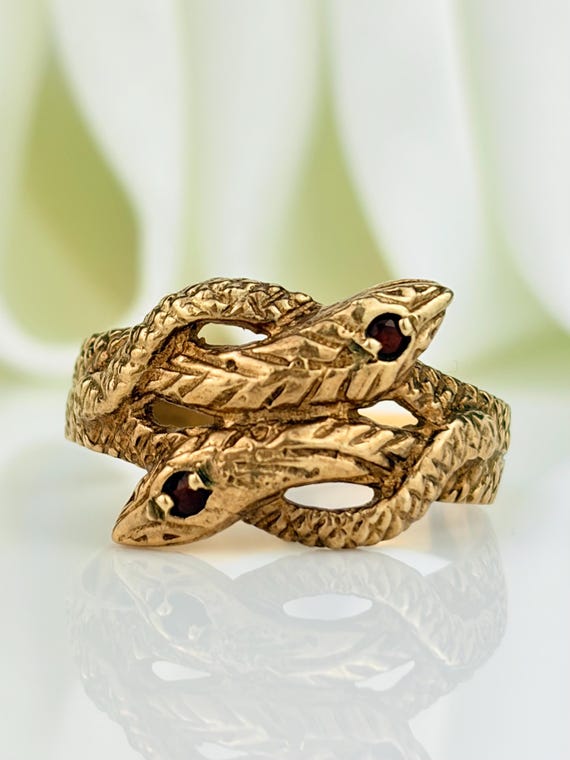 Vintage 9ct Gold Chunky Double Snake Ring With Garnet Heads - Etsy