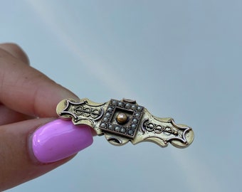 希少　アンティーク　イタリア製　19世紀　コーラルブローチk アンティーク 9ct イエロー ゴールド パール バー ブローチ - Etsy 日本