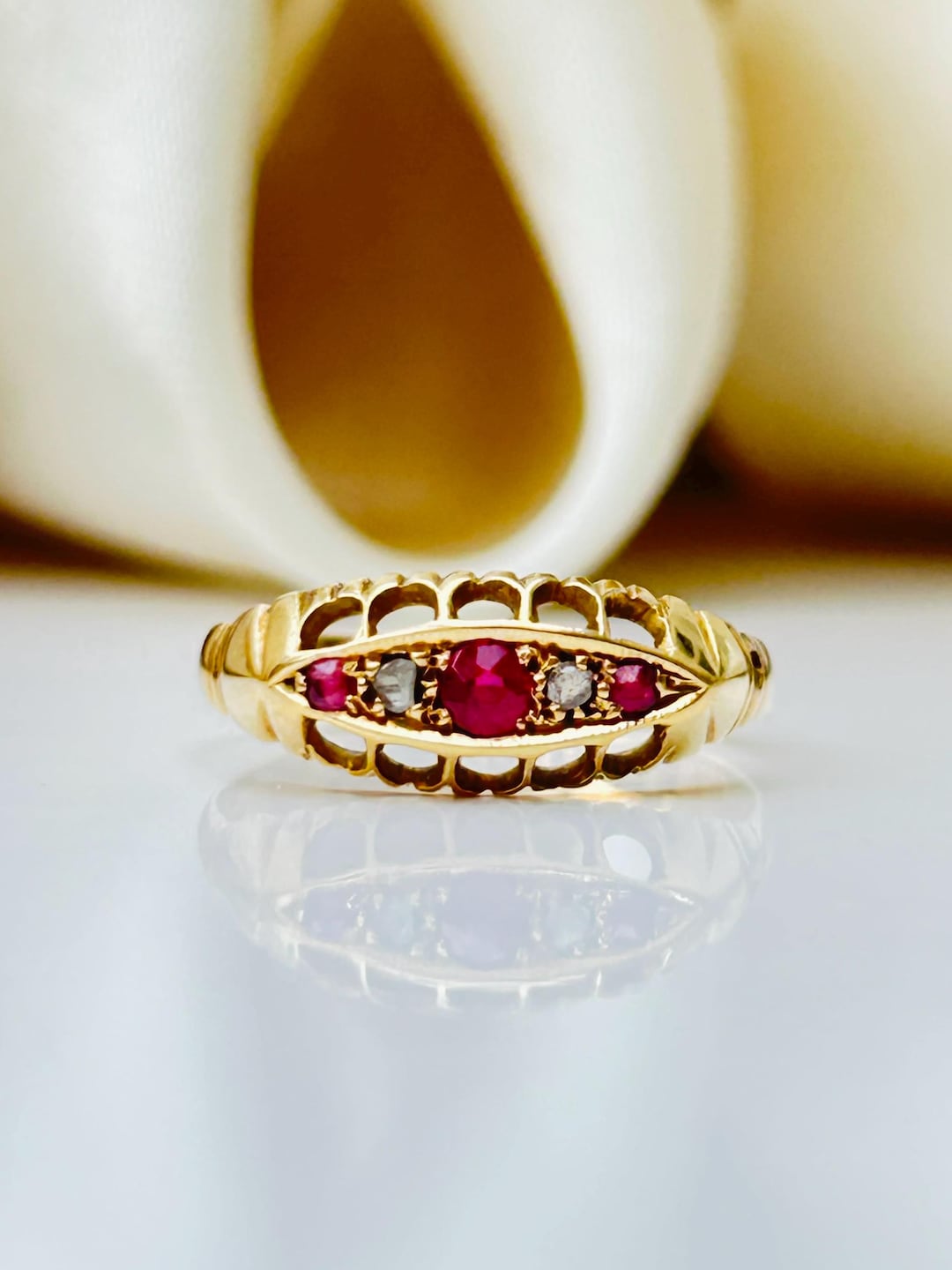 Antique 18ct Yellow Gold Ruby and Diamond Boat Shape Ring - Etsy