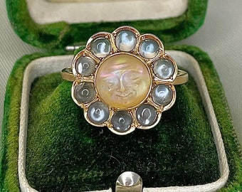 Antique 15ct Yellow Gold Rainbow Moonstone Cluster Ring