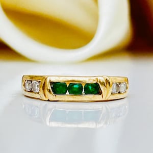 Chunky 18ct Yellow Gold Emerald and Diamond Half Hoop Eternity Band Ring