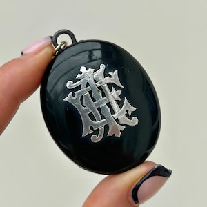 Antique Onyx and Silver Monogram Large Locket Back Pendant