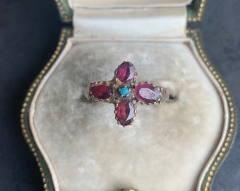 Antique Garnet and Turquoise 9ct Yellow Gold Cluster Ring
