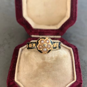 Antique Victorian Pearl and Diamond ‘In Memory Of’ Black Enamel Ring in 18ct Gold