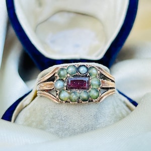 Georgian Flat Cut Garnet and Pearl Halo Ring in Yellow Gold