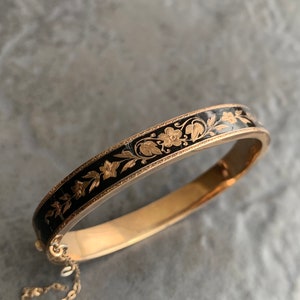 Vintage Gold and Enamel Floral and Geometric Design Bangle Bracelet