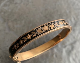 Vintage Gold and Enamel Floral and Geometric Design Bangle Bracelet
