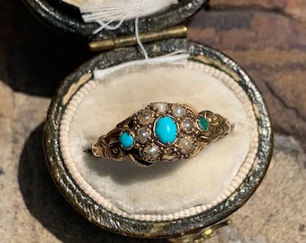 Antique 15ct Yellow Gold Turquoise and Pearl Cluster Ring