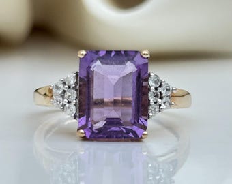 ヴィンテージ 9ct イエローゴールド アメジストとホワイトストーン