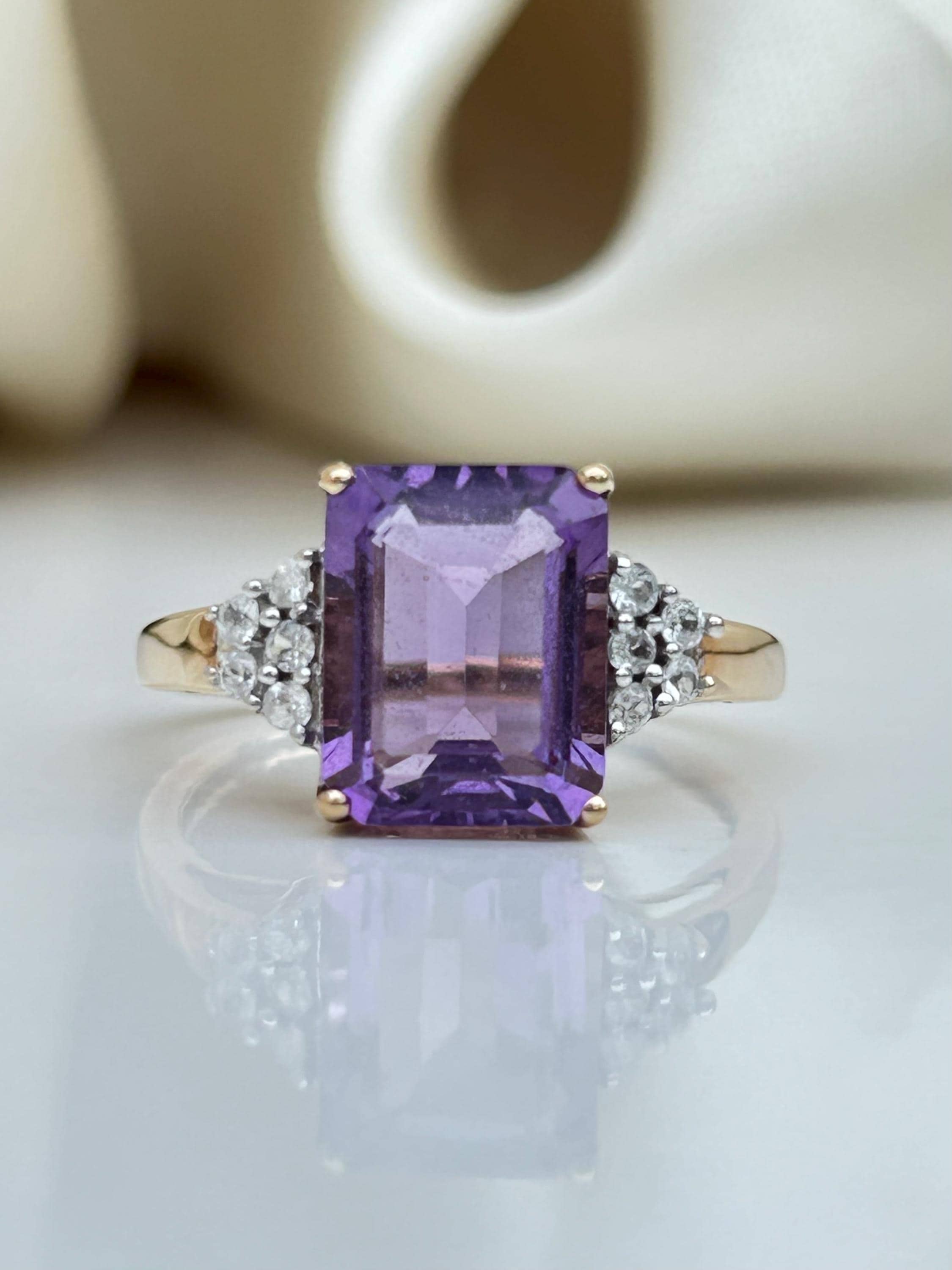 ヴィンテージ 9ct イエローゴールド アメジストとホワイトストーン