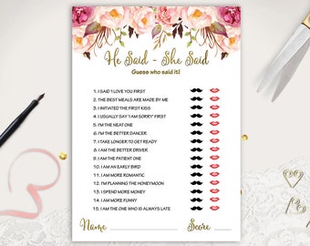 Bride Or Groom Game He Said She Said Bridal Shower Games Printable Floral Wedding Shower Game Template Shower Activities Instant Download