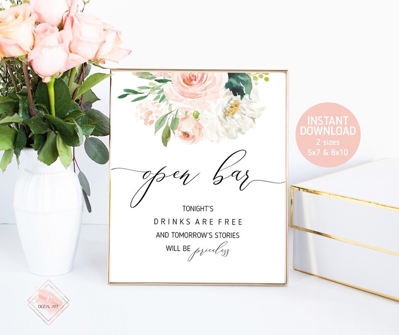 Open Bar Sign Printable Blush Pink Wedding Sing Wedding Etsy
