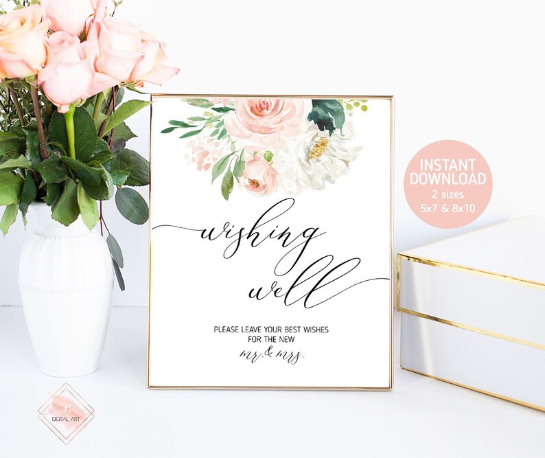 Blush Wishing Well Wedding Sign Printable Floral Wishing Well Etsy