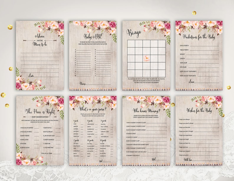 Floral Baby Shower Games Printable Rustic Baby Shower Games Etsy
