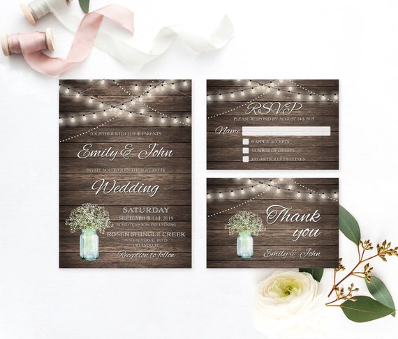 Mason Jar Wedding Invitation Suite Country Wedding Invitation Etsy
