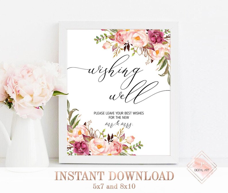 Wishing Well Wedding Sign Printable Floral Blush Pink Wishing Etsy