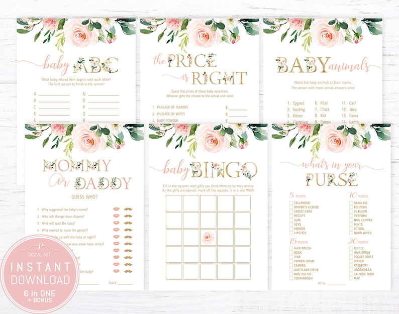 Blush Pink Floral Baby Shower Games Package Printable Baby Shower Games Set Gold Blush Baby Shower Activities Party Shower Games Bundle NGS1