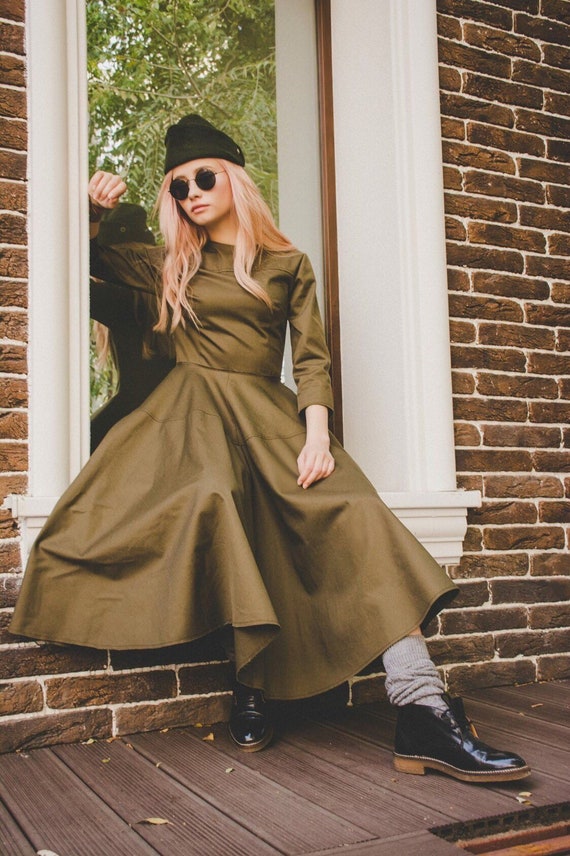 khaki green midi dress