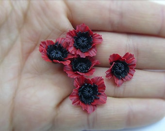 Red poppies flowers from polymer clay, polymer clay beads, red flower beads, 5 psc