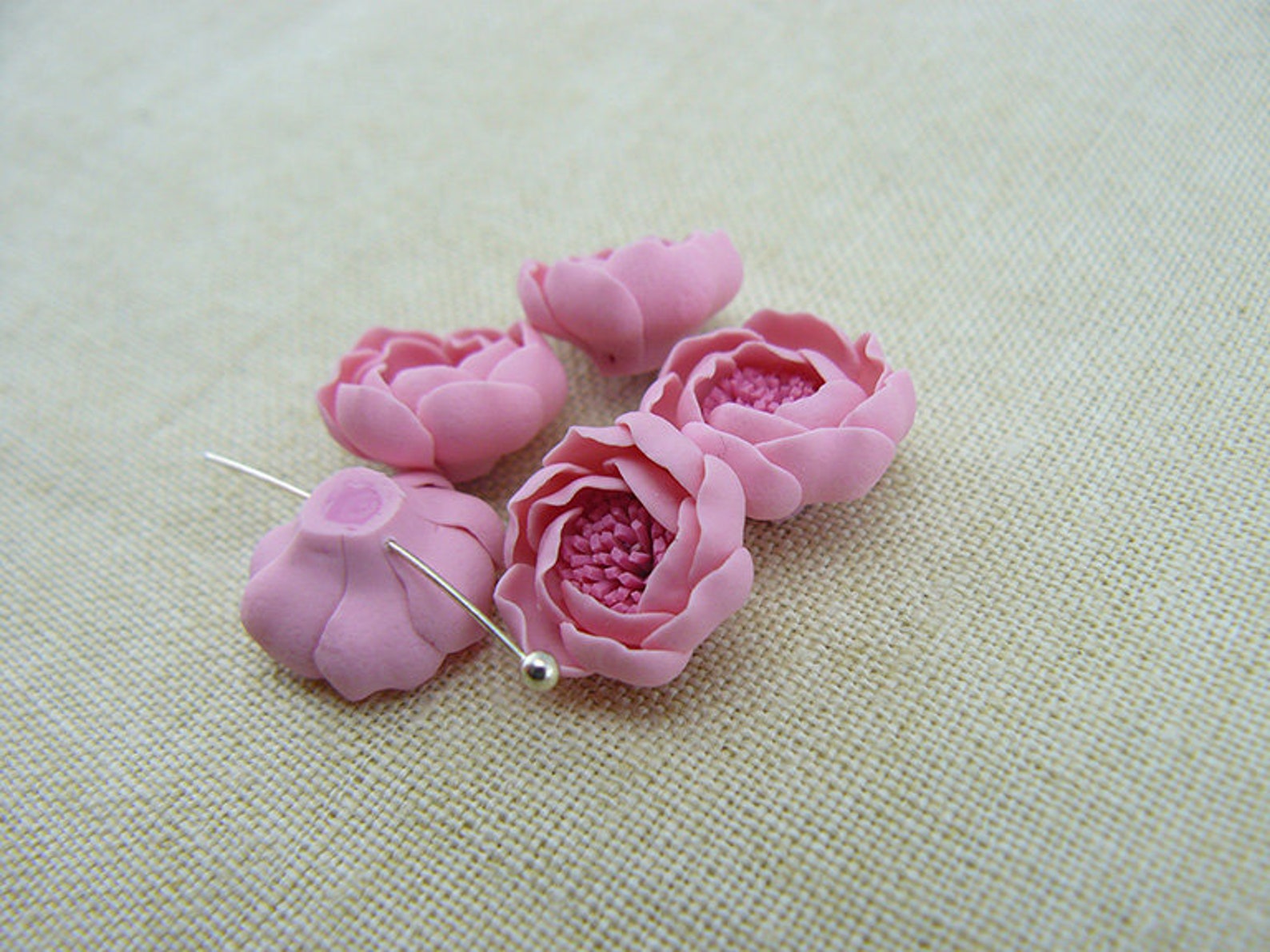 Pink polymer clay flower beads Miniature flowers Floral Etsy