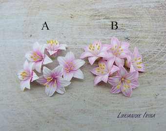 Pink Lily polymer clay flowers, flower beads, clay flowers, 5 psc