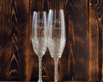 Personalized wedding champagne flutes, silver wedding toast glasses, personalized engraved wedding glasses, 25th wedding anniversary gifts