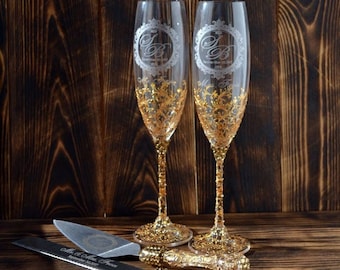 Taças de champanhe douradas personalizadas para casamento e conjunto de espátula para bolo