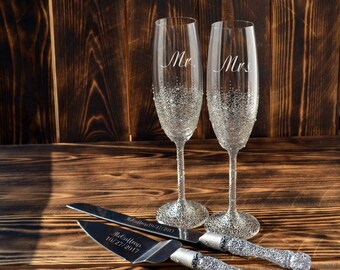 Personalized Silver Wedding Champagne Flutes and Cake Server Set