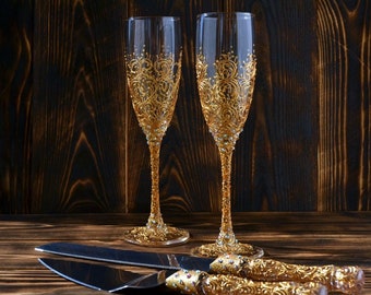 Taças de champanhe douradas personalizadas para casamento e conjunto para servir bolo