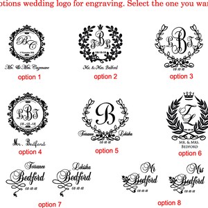 Pode incluir: Oito op&ccedil;&otilde;es diferentes de logotipo de casamento para gravar. Cada op&ccedil;&atilde;o apresenta um design &uacute;nico com iniciais, nomes e datas. Os logotipos s&atilde;o em preto e branco e s&atilde;o colocados sobre um fundo branco.