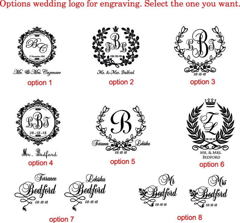 Pode incluir: Oito op&ccedil;&otilde;es diferentes de logotipo de casamento para gravar. Cada op&ccedil;&atilde;o apresenta um design &uacute;nico com iniciais, nomes e datas. Os logotipos s&atilde;o em preto e branco e s&atilde;o colocados sobre um fundo branco.