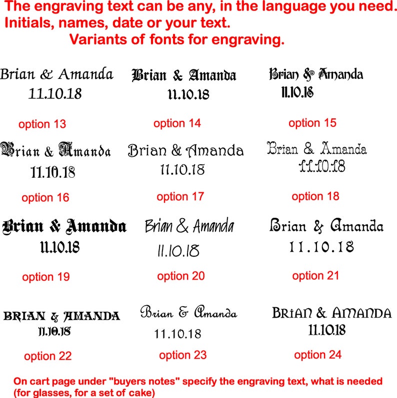 K&ouml;nnte beinhalten: Eine Tabelle mit 24 verschiedenen Schriftarten f&uuml;r die Gravur von Text. Der Text "Brian & Amanda 11.10.18" wird in jeder Schriftart angezeigt. Der Text "Auf der Warenkorbseite unter "K&auml;uferhinweise" geben Sie den Gravurtext an, was ben&ouml;tigt wird (f&uuml;r Gl&auml;ser, f&uuml;r ein Kuchenset)" befindet sich am unteren Rand der Tabelle.