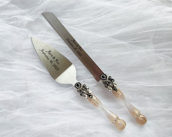 Wedding server set, personalized wedding cake serving set, gothic wedding cake cutters, engraved server set, gothic wedding set