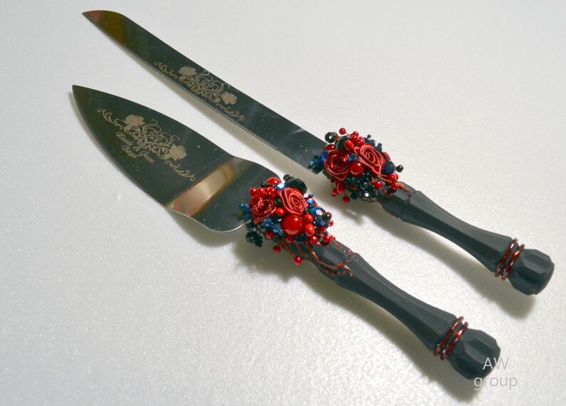 Personalized wedding cake serving set black and red wedding Etsy