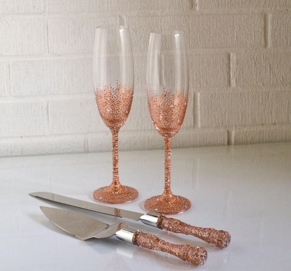  ROSE  GOLD  Wedding  glasses Cake  Server  Set  Cake  knife 