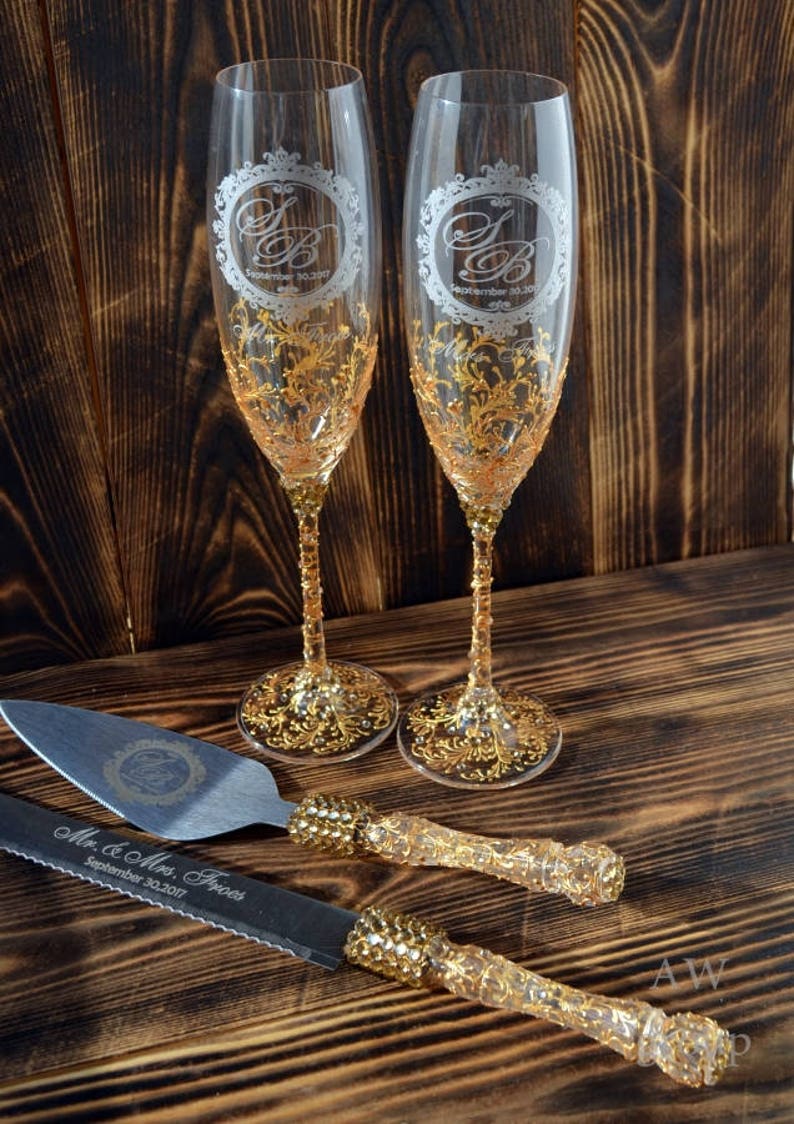 Gold Wedding cake knife set Wedding cake cutting set engraved Etsy