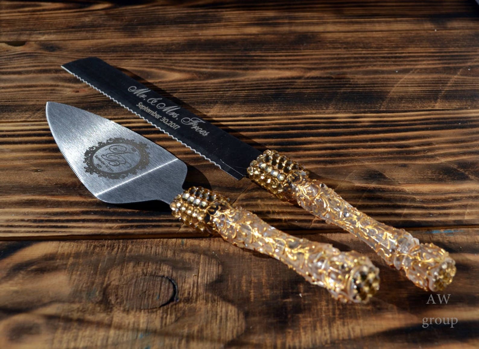 Gold Wedding cake knife set Wedding cake cutting set engraved Etsy