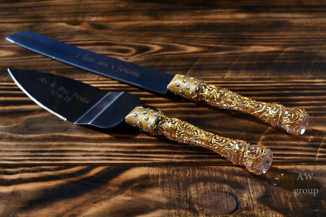 Gold Wedding cake knife set Wedding cake cutting set engraved Etsy