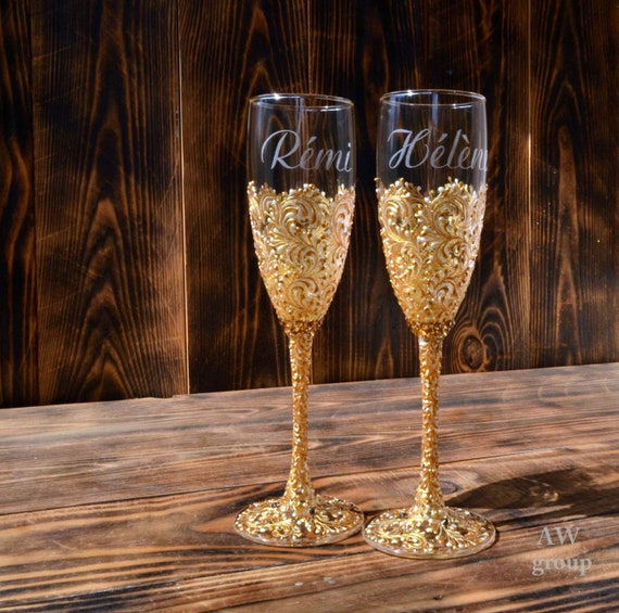 Personalized Wedding Champagne Flutes Gold Wedding Glasses Etsy