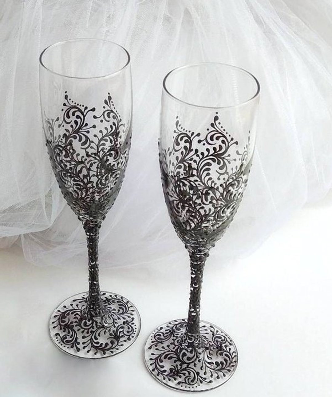 Goth Wedding Glasses for Bride and Groom, Gothic Wedding Flutes and Cake Serving Set, Black ...