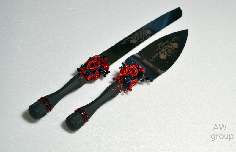 Personalized wedding cake serving set black and red wedding Etsy