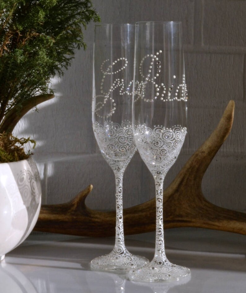 Wedding Champagne Flutes Bride Groom Flutes White Toasting Etsy