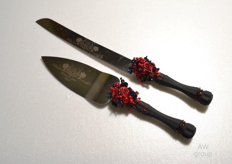 Personalized wedding cake serving set black and red wedding Etsy